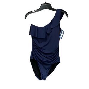 Hilor Women's Blue Ruffle One Piece Ruching One Shoulder Swimsuit Size 8